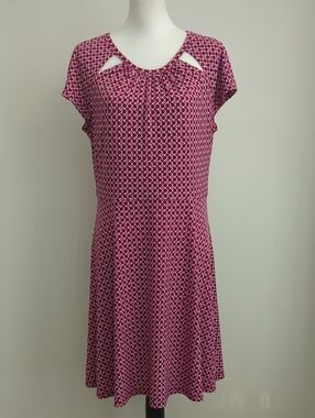 Michael Kors Fuchsia Pink Geometric Tile Dot Midi Flare Dress & Cutout Neckline